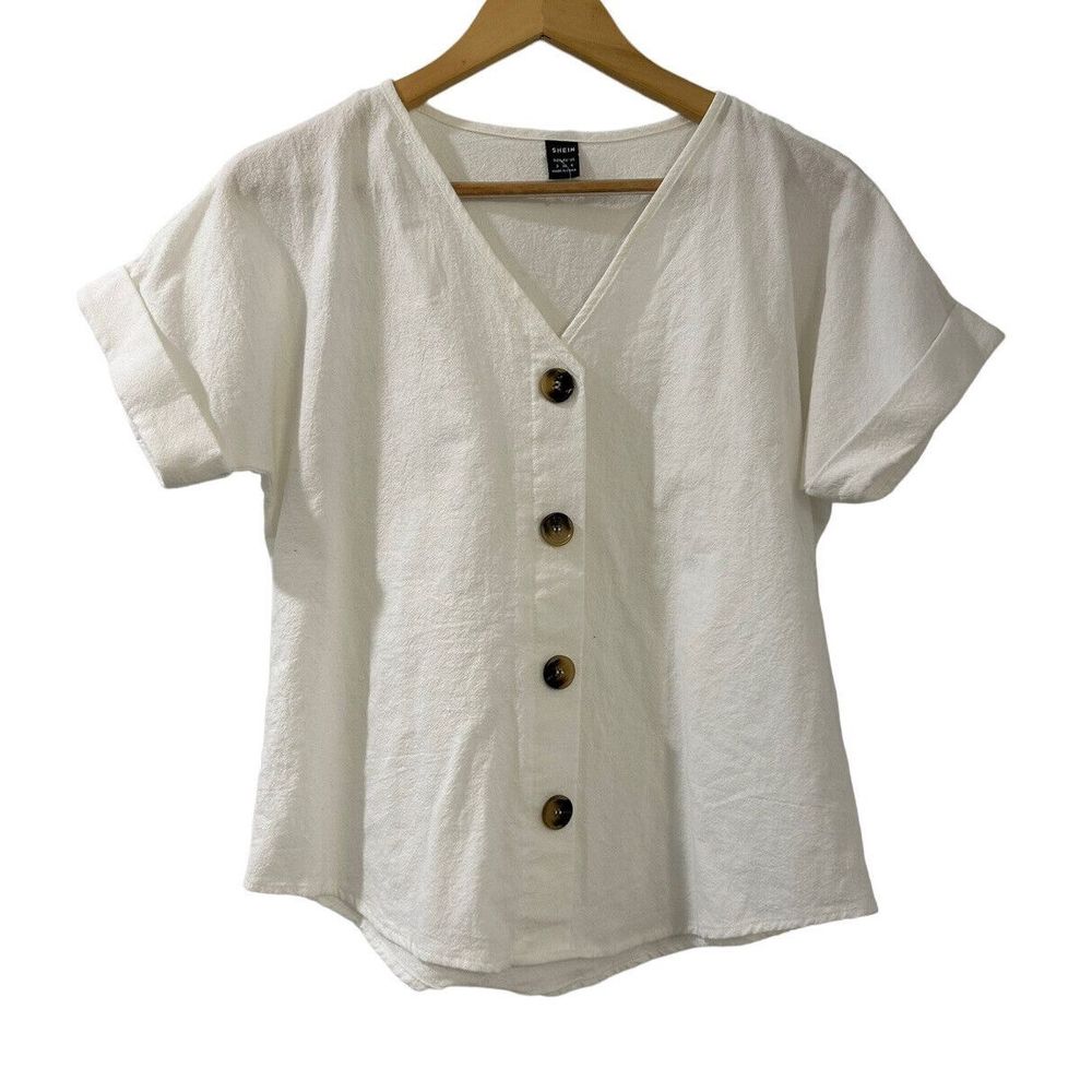 (Sold)SHEIN Linen Cotton Boxy Button Front Short Sleeve Blouse Size Small - Picture 1 of 6